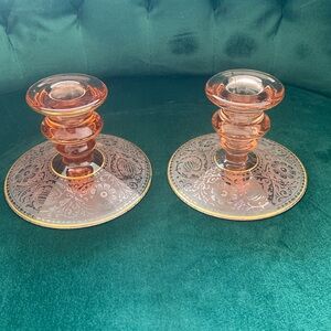 Pink depression glass candlestick holders